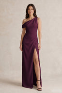 One-Shoulder Satin Sheath Bridesmaid Dress With Slit in Sangria | KISSBRIDAL