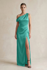 One - Shoulder Satin Sheath Bridesmaid Dress With Slit in Sea Glass - KISS BRIDAL Bridesmaid Dresses