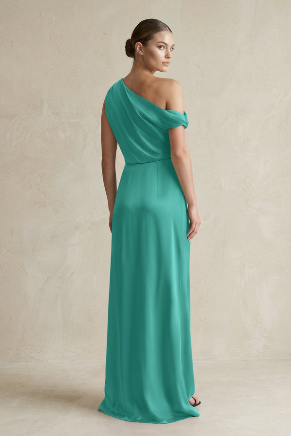 One - Shoulder Satin Sheath Bridesmaid Dress With Slit in Sea Glass - KISS BRIDAL Bridesmaid Dresses