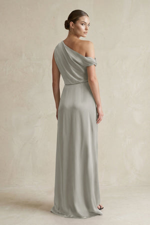 One - Shoulder Satin Sheath Bridesmaid Dress With Slit in Silver - KISS BRIDAL Bridesmaid Dresses