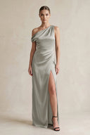 One - Shoulder Satin Sheath Bridesmaid Dress With Slit in Silver - KISS BRIDAL Bridesmaid Dresses