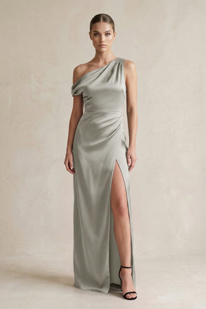 One - Shoulder Satin Sheath Bridesmaid Dress With Slit in Silver - KISS BRIDAL Bridesmaid Dresses