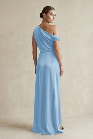 One - Shoulder Satin Sheath Bridesmaid Dress With Slit in Sky Blue - KISS BRIDAL Bridesmaid Dresses