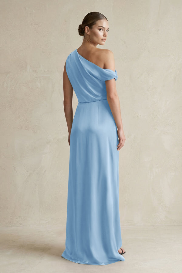 One - Shoulder Satin Sheath Bridesmaid Dress With Slit in Sky Blue - KISS BRIDAL Bridesmaid Dresses