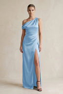 One - Shoulder Satin Sheath Bridesmaid Dress With Slit in Sky Blue - KISS BRIDAL Bridesmaid Dresses