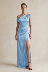 One - Shoulder Satin Sheath Bridesmaid Dress With Slit in Sky Blue - KISS BRIDAL Bridesmaid Dresses