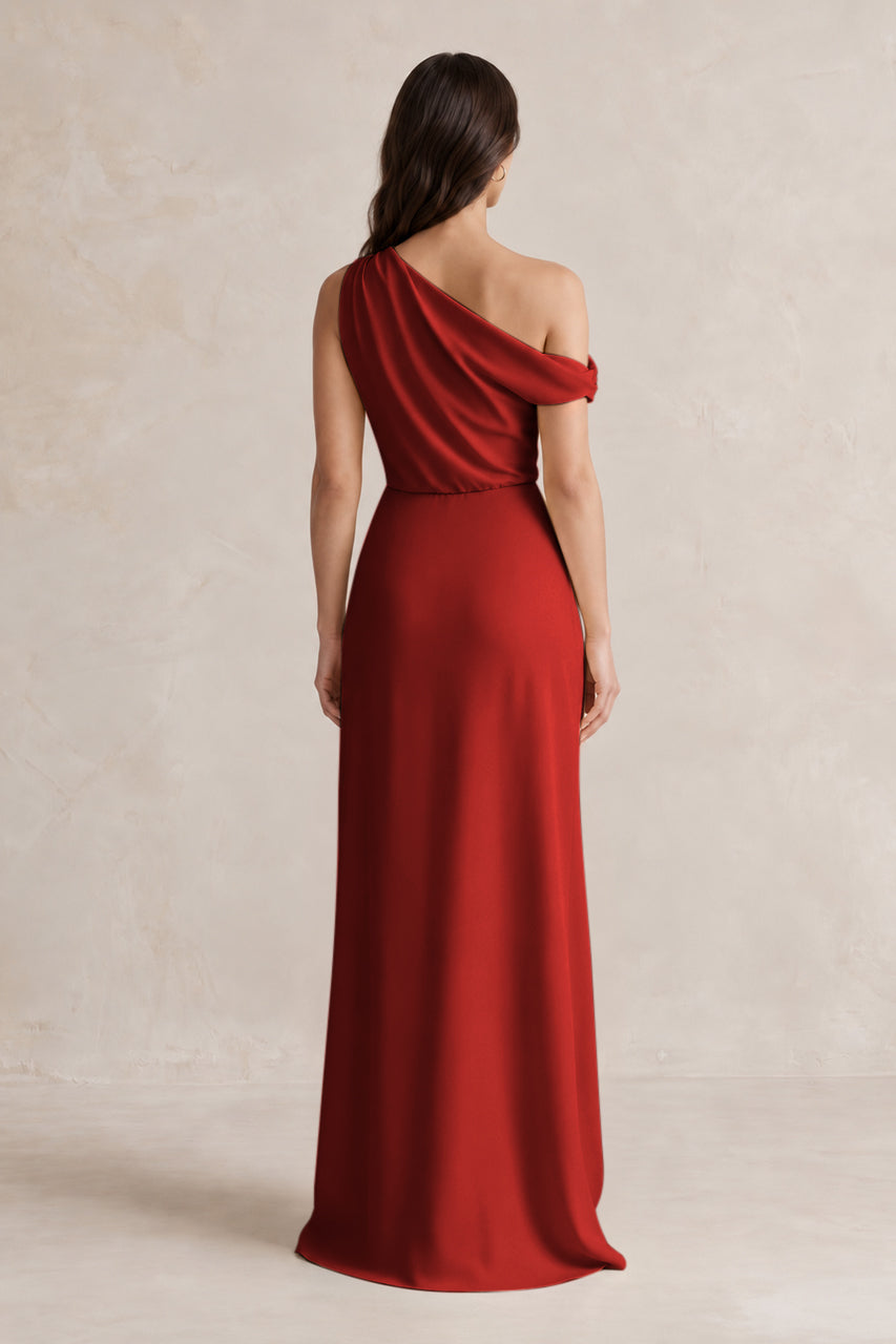 One-Shoulder Satin Sheath Bridesmaid Dress With Slit in Spice