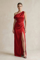 One - Shoulder Satin Sheath Bridesmaid Dress With Slit in Spice - KISS BRIDAL Bridesmaid Dresses