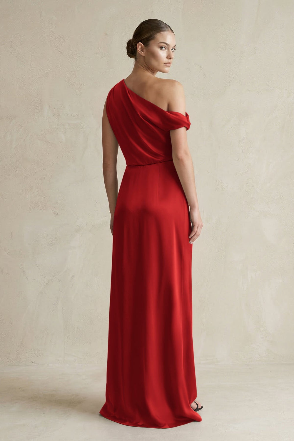 One - Shoulder Satin Sheath Bridesmaid Dress With Slit in Spice - KISS BRIDAL Bridesmaid Dresses