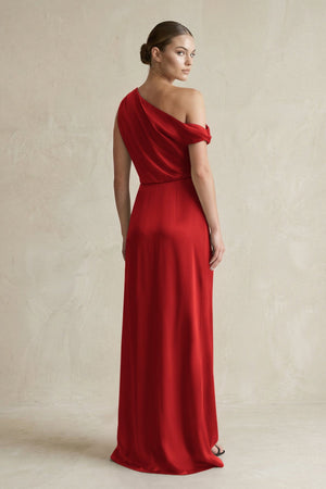 One - Shoulder Satin Sheath Bridesmaid Dress With Slit in Spice - KISS BRIDAL Bridesmaid Dresses