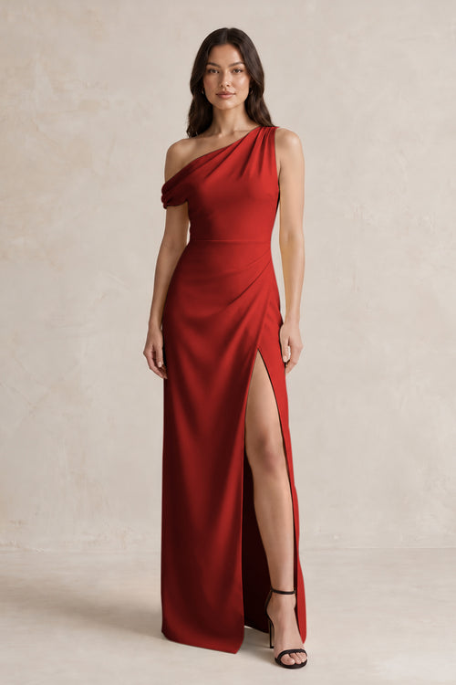 One-Shoulder Satin Sheath Bridesmaid Dress With Slit in Spice | KISSBRIDAL