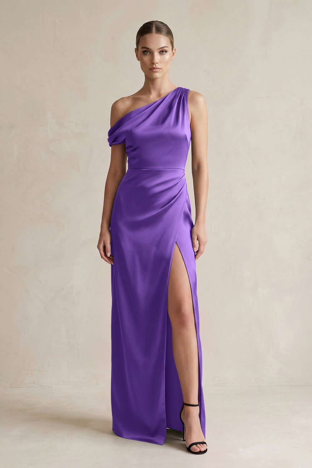 One - Shoulder Satin Sheath Bridesmaid Dress With Slit in Tahiti - KISS BRIDAL Bridesmaid Dresses