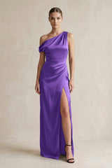 One - Shoulder Satin Sheath Bridesmaid Dress With Slit in Tahiti - KISS BRIDAL Bridesmaid Dresses