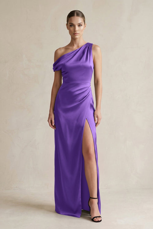 One - Shoulder Satin Sheath Bridesmaid Dress With Slit in Tahiti - KISS BRIDAL Bridesmaid Dresses