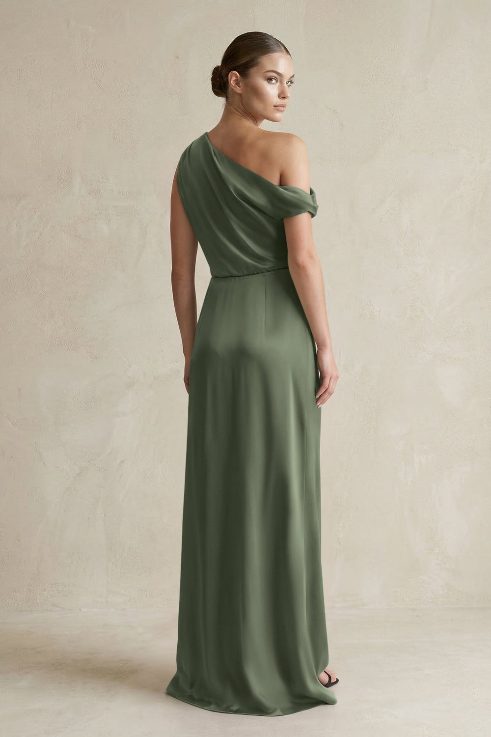 One - Shoulder Satin Sheath Bridesmaid Dress With Slit in Thyme - KISS BRIDAL Bridesmaid Dresses