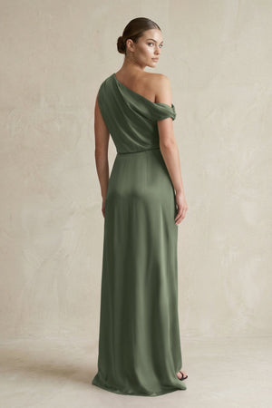 One - Shoulder Satin Sheath Bridesmaid Dress With Slit in Thyme - KISS BRIDAL Bridesmaid Dresses