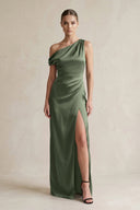One - Shoulder Satin Sheath Bridesmaid Dress With Slit in Thyme - KISS BRIDAL Bridesmaid Dresses