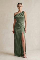 One - Shoulder Satin Sheath Bridesmaid Dress With Slit in Thyme - KISS BRIDAL Bridesmaid Dresses