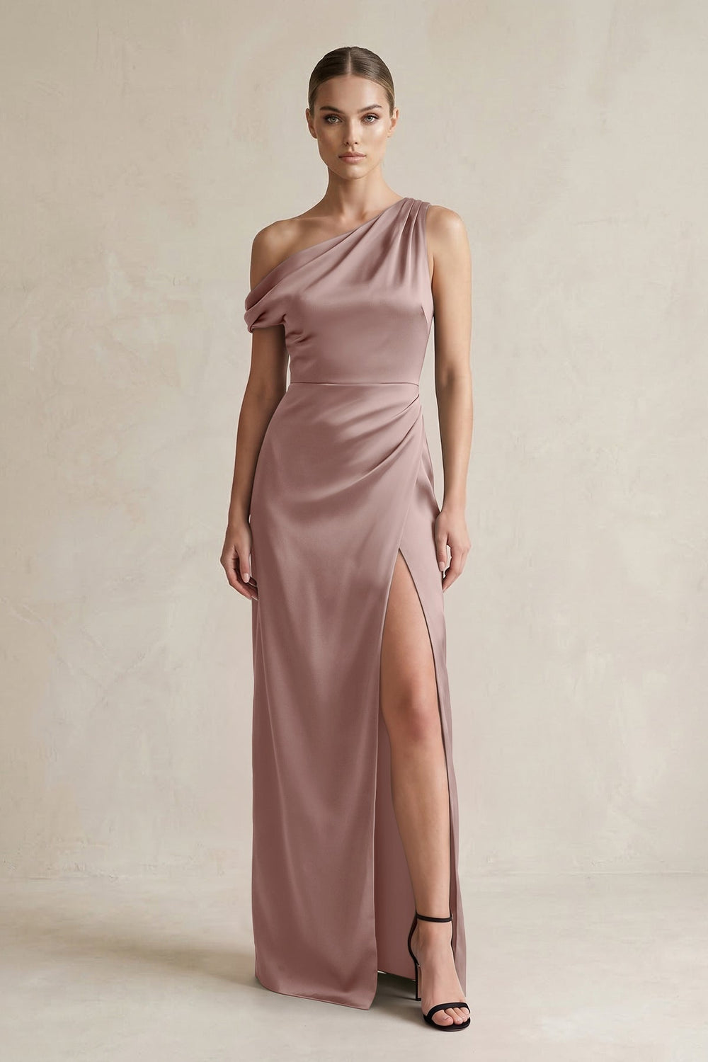 One - Shoulder Satin Sheath Bridesmaid Dress With Slit in Toffee - KISS BRIDAL Bridesmaid Dresses