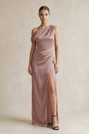 One - Shoulder Satin Sheath Bridesmaid Dress With Slit in Toffee - KISS BRIDAL Bridesmaid Dresses