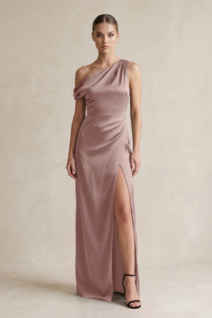 One - Shoulder Satin Sheath Bridesmaid Dress With Slit in Toffee - KISS BRIDAL Bridesmaid Dresses