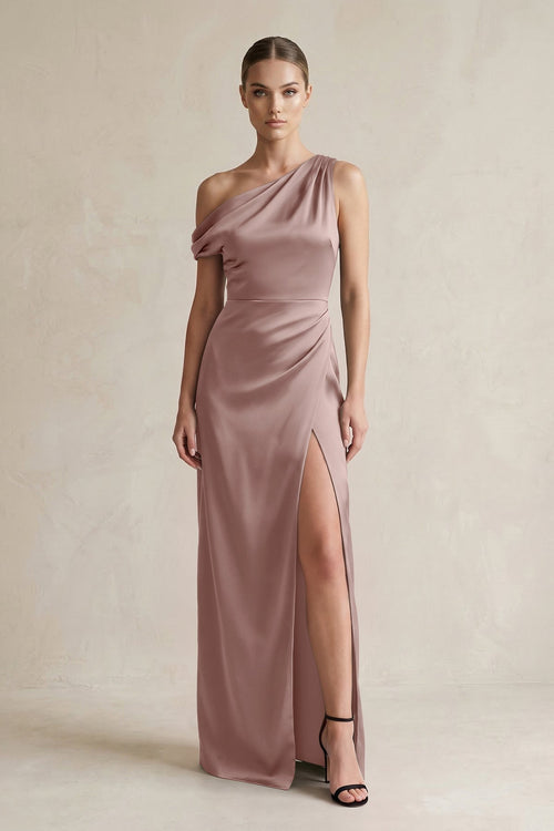 One - Shoulder Satin Sheath Bridesmaid Dress With Slit in Toffee - KISS BRIDAL Bridesmaid Dresses