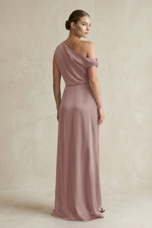 One - Shoulder Satin Sheath Bridesmaid Dress With Slit in Toffee - KISS BRIDAL Bridesmaid Dresses