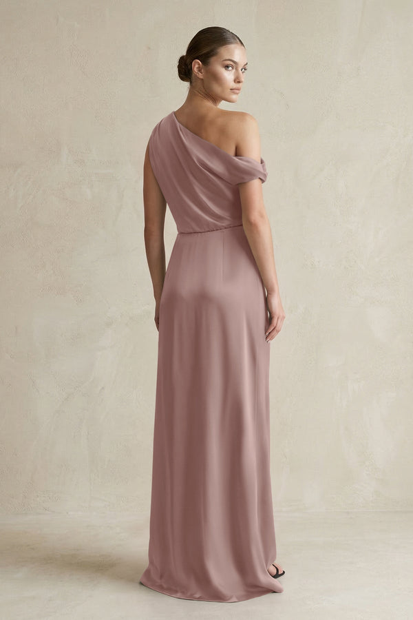 One - Shoulder Satin Sheath Bridesmaid Dress With Slit in Toffee - KISS BRIDAL Bridesmaid Dresses