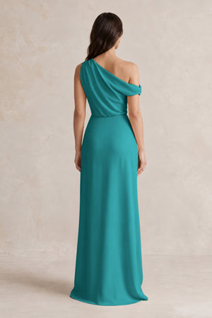 One-Shoulder Satin Sheath Bridesmaid Dress With Slit in Turquoise (2) | KISSBRIDAL
