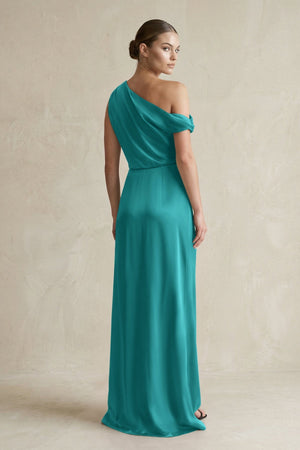 One - Shoulder Satin Sheath Bridesmaid Dress With Slit in Turquoise - KISS BRIDAL Bridesmaid Dresses