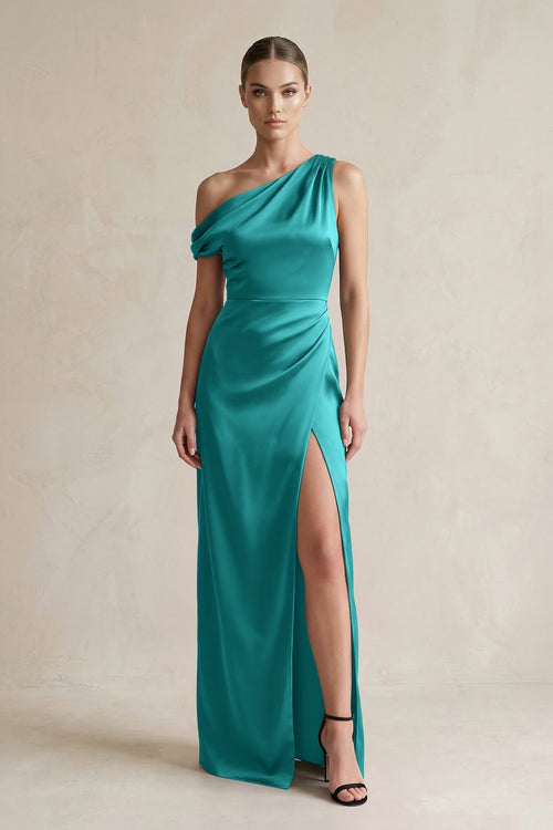 One - Shoulder Satin Sheath Bridesmaid Dress With Slit in Turquoise - KISS BRIDAL Bridesmaid Dresses