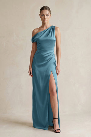 One - Shoulder Satin Sheath Bridesmaid Dress With Slit in Twilight - KISS BRIDAL Bridesmaid Dresses