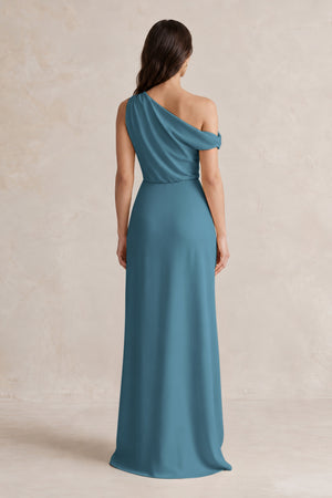 One-Shoulder Satin Sheath Bridesmaid Dress With Slit in Twilight (2) | KISSBRIDAL