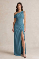 One-Shoulder Satin Sheath Bridesmaid Dress With Slit in Twilight | KISSBRIDAL