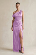 One - Shoulder Satin Sheath Bridesmaid Dress With Slit in Vintage Mauve - KISS BRIDAL Bridesmaid Dresses
