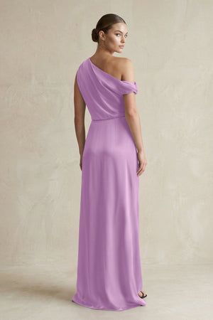 One - Shoulder Satin Sheath Bridesmaid Dress With Slit in Vintage Mauve - KISS BRIDAL Bridesmaid Dresses