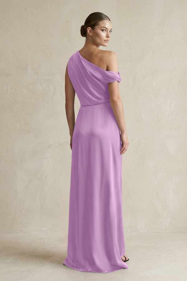One - Shoulder Satin Sheath Bridesmaid Dress With Slit in Vintage Mauve - KISS BRIDAL Bridesmaid Dresses