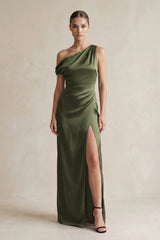 One - Shoulder Satin Sheath Bridesmaid Dress With Slit in Willow Green - KISS BRIDAL Bridesmaid Dresses