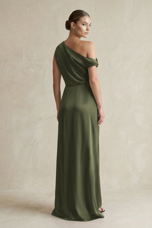 One - Shoulder Satin Sheath Bridesmaid Dress With Slit in Willow Green - KISS BRIDAL Bridesmaid Dresses