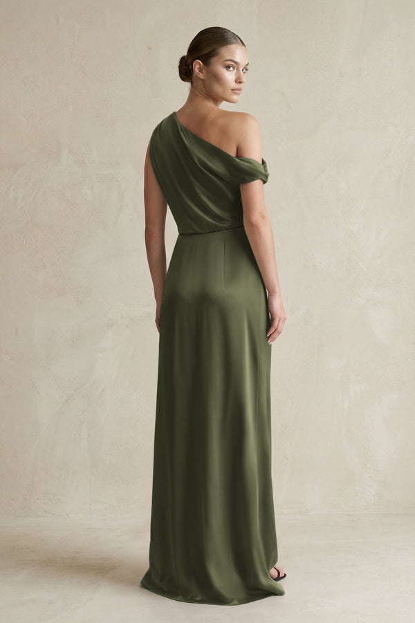 One - Shoulder Satin Sheath Bridesmaid Dress With Slit in Willow Green - KISS BRIDAL Bridesmaid Dresses