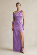 One - Shoulder Satin Sheath Bridesmaid Dress With Slit in Wisteria - KISS BRIDAL Bridesmaid Dresses