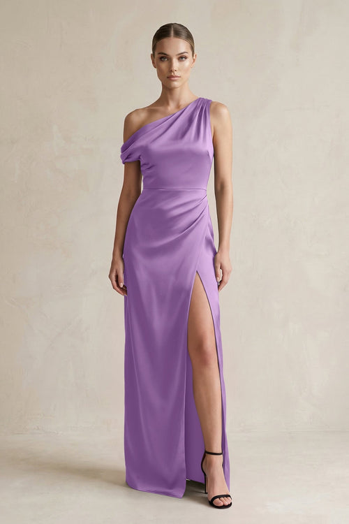 One - Shoulder Satin Sheath Bridesmaid Dress With Slit in Wisteria - KISS BRIDAL Bridesmaid Dresses
