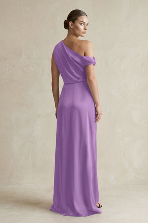 One - Shoulder Satin Sheath Bridesmaid Dress With Slit in Wisteria - KISS BRIDAL Bridesmaid Dresses