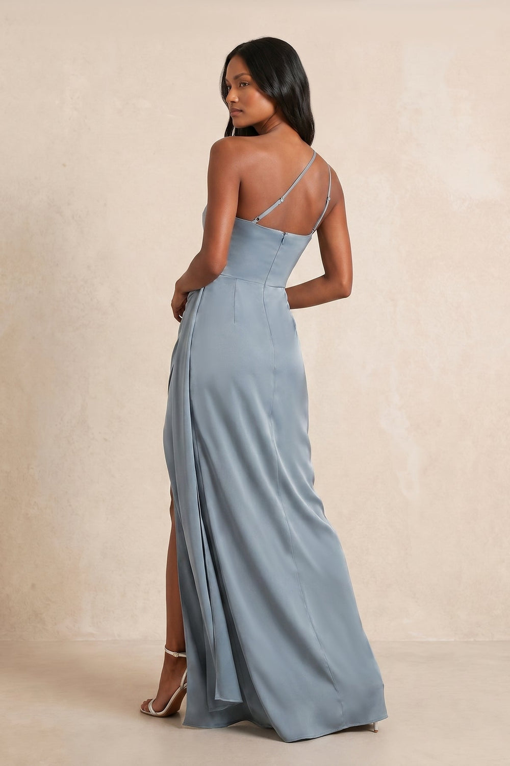 One-shoulder Satin Sheath Maxi Dress in Dusty Blue– KISS BRIDAL Dresses