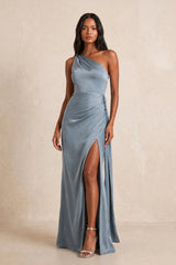 One-shoulder Satin Sheath Maxi Dress in Dusty Blue– KISS BRIDAL Dresses
