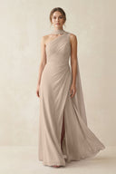 One - Shoulder Sheath Chiffon Bridesmaid Dress with Ribbon in Almond - SHE IS ME Bridesmaid Dresses