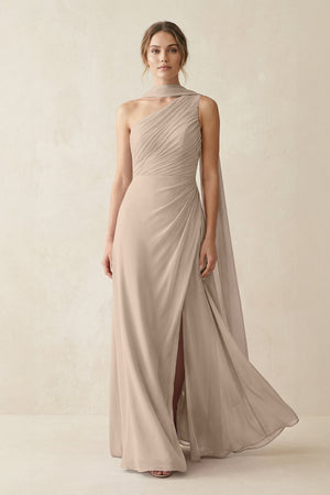 One - Shoulder Sheath Chiffon Bridesmaid Dress with Ribbon in Almond - SHE IS ME Bridesmaid Dresses