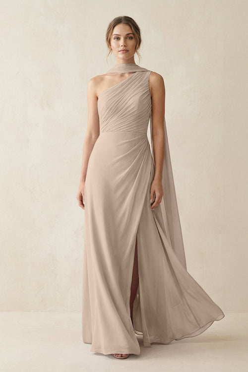 One - Shoulder Sheath Chiffon Bridesmaid Dress with Ribbon in Almond - SHE IS ME Bridesmaid Dresses