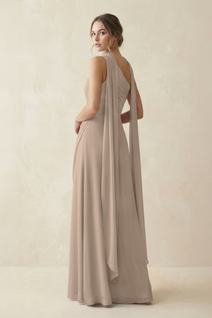One-Shoulder Sheath Chiffon Bridesmaid Dress with Ribbon in Almond (2) | KISSBRIDAL