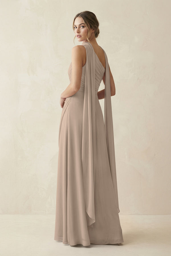 One-Shoulder Sheath Chiffon Bridesmaid Dress with Ribbon in Almond (2) | KISSBRIDAL